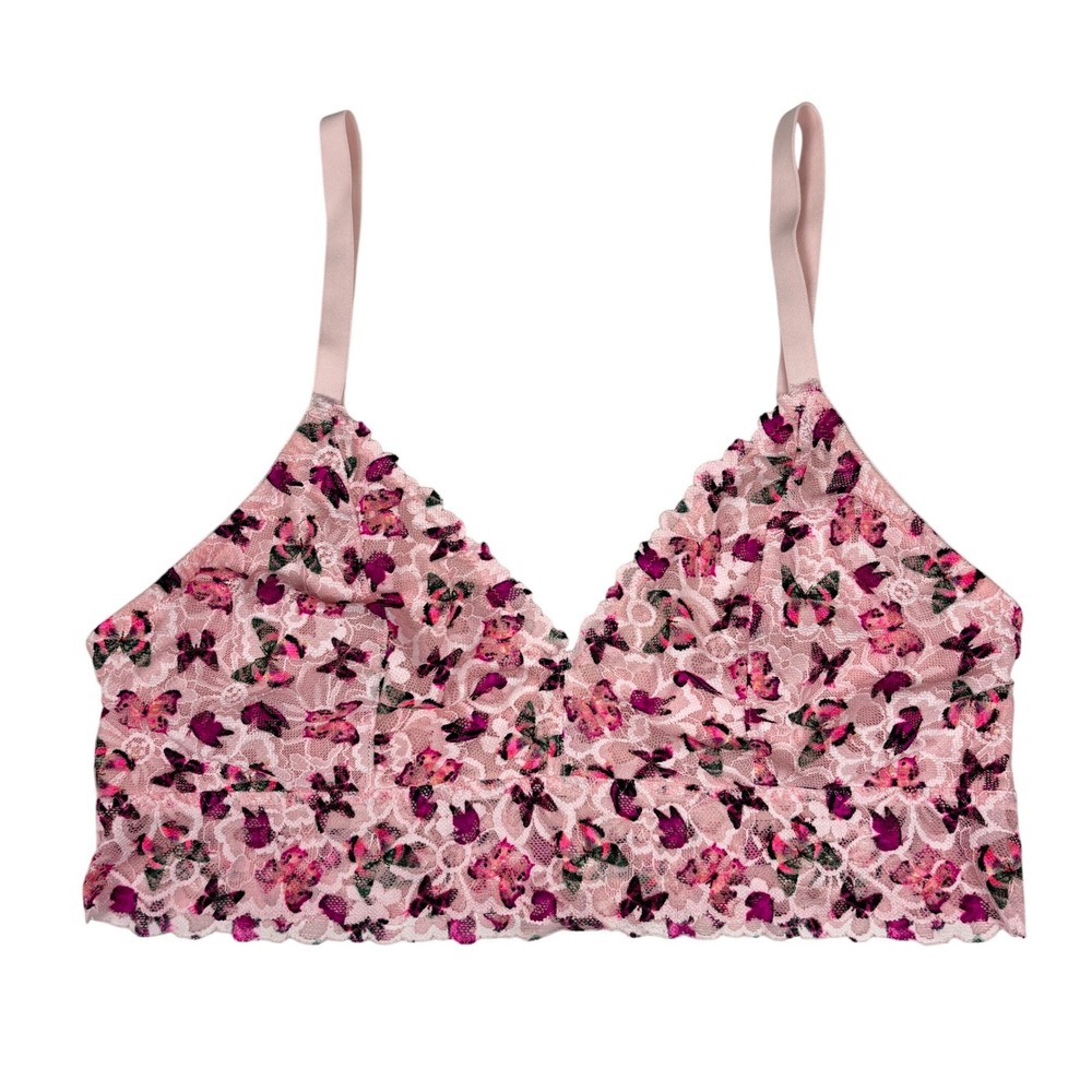 Victoria's Secret Pink Butterfly Longline Lace Bralette XL‎ Wireless Floral Mesh